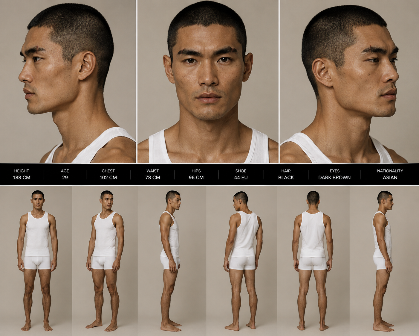 Character sheet showing the original male model from multiple angles