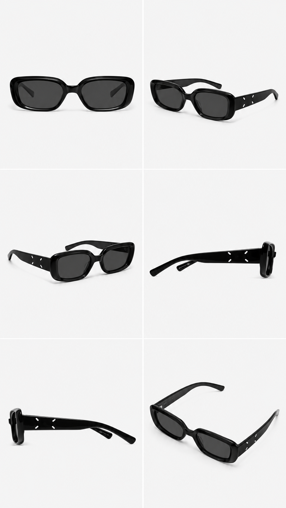 Black sunglasses style sheet shown from six angles