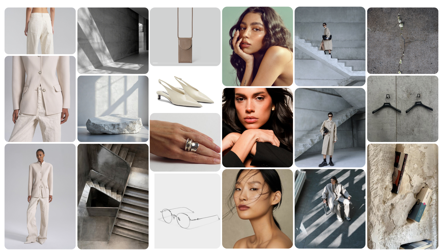 LEVEL44 campaign moodboard combining fashion, concrete architecture, accessories and character references
