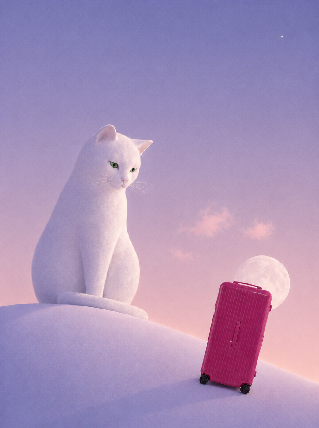 A white cat watching over a pink RIMOWA suitcase