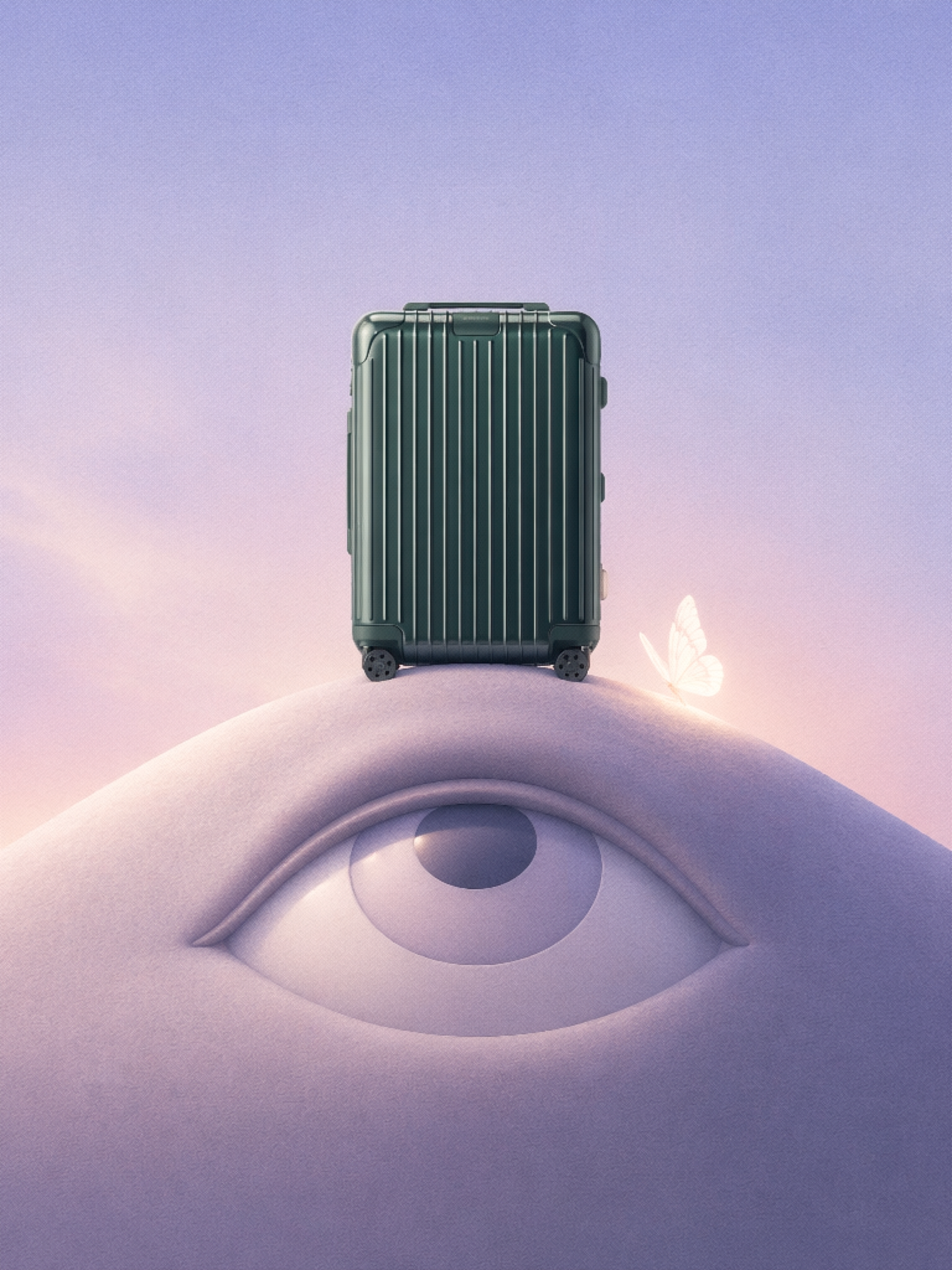 A green RIMOWA suitcase resting above a surreal eye