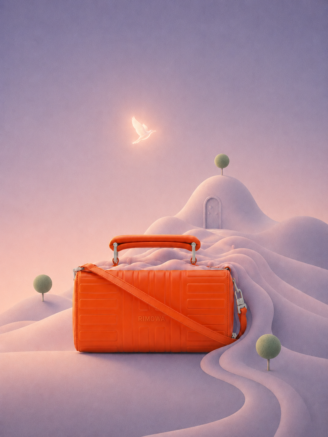 An orange RIMOWA case in a soft surreal landscape