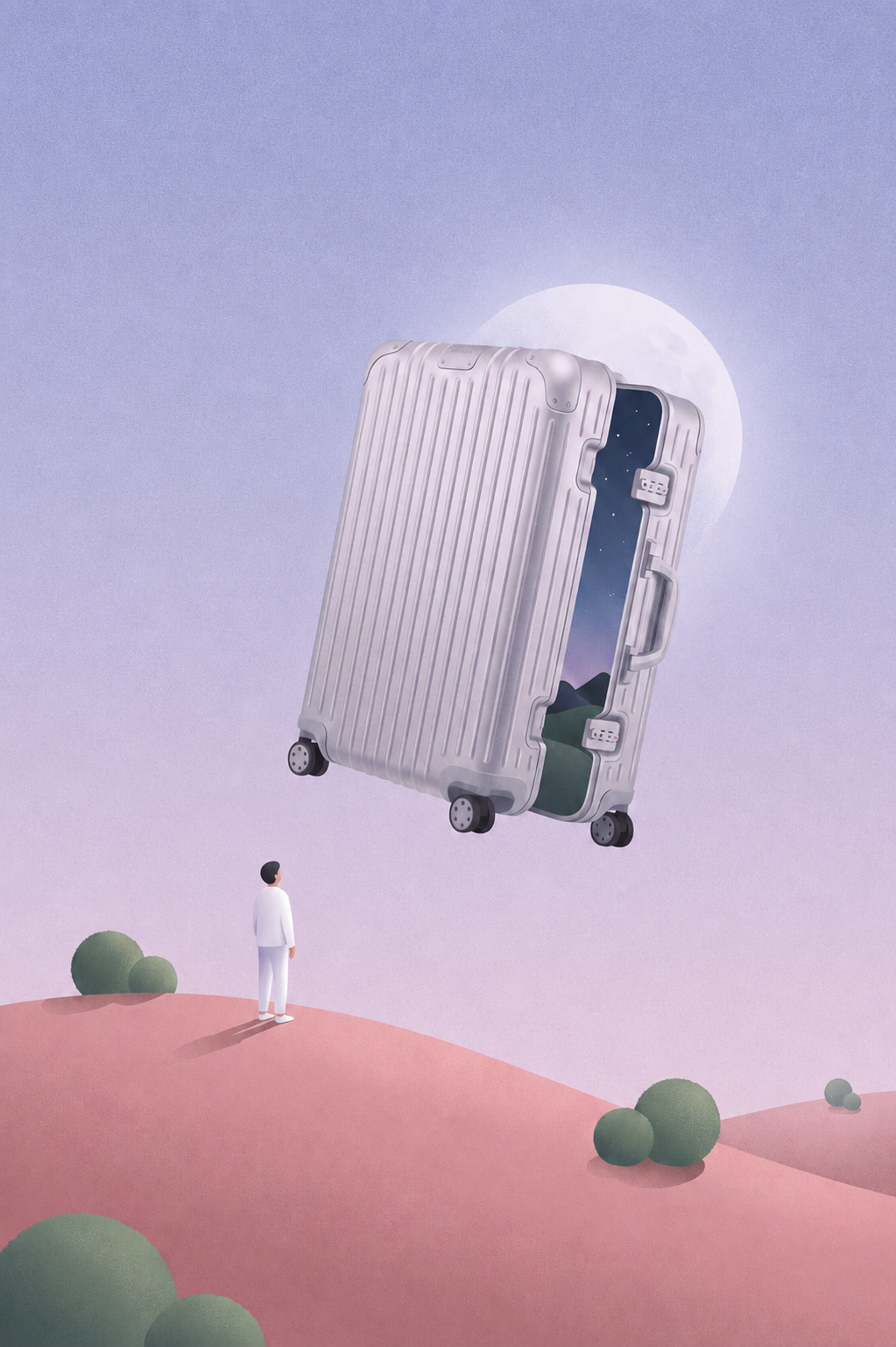 A silver RIMOWA suitcase opening into an imagined landscape