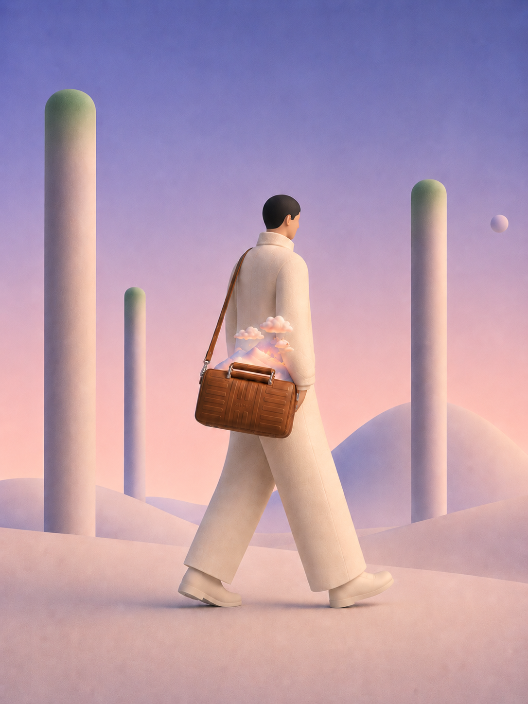 A traveller carrying a RIMOWA case through an imagined world