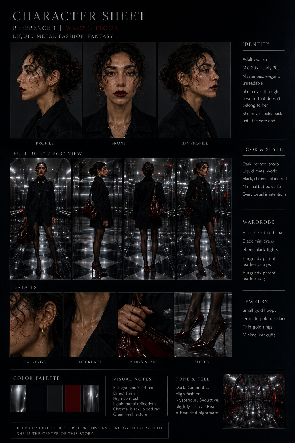 Dark liquid-metal character and wardrobe study inside the wrong floor