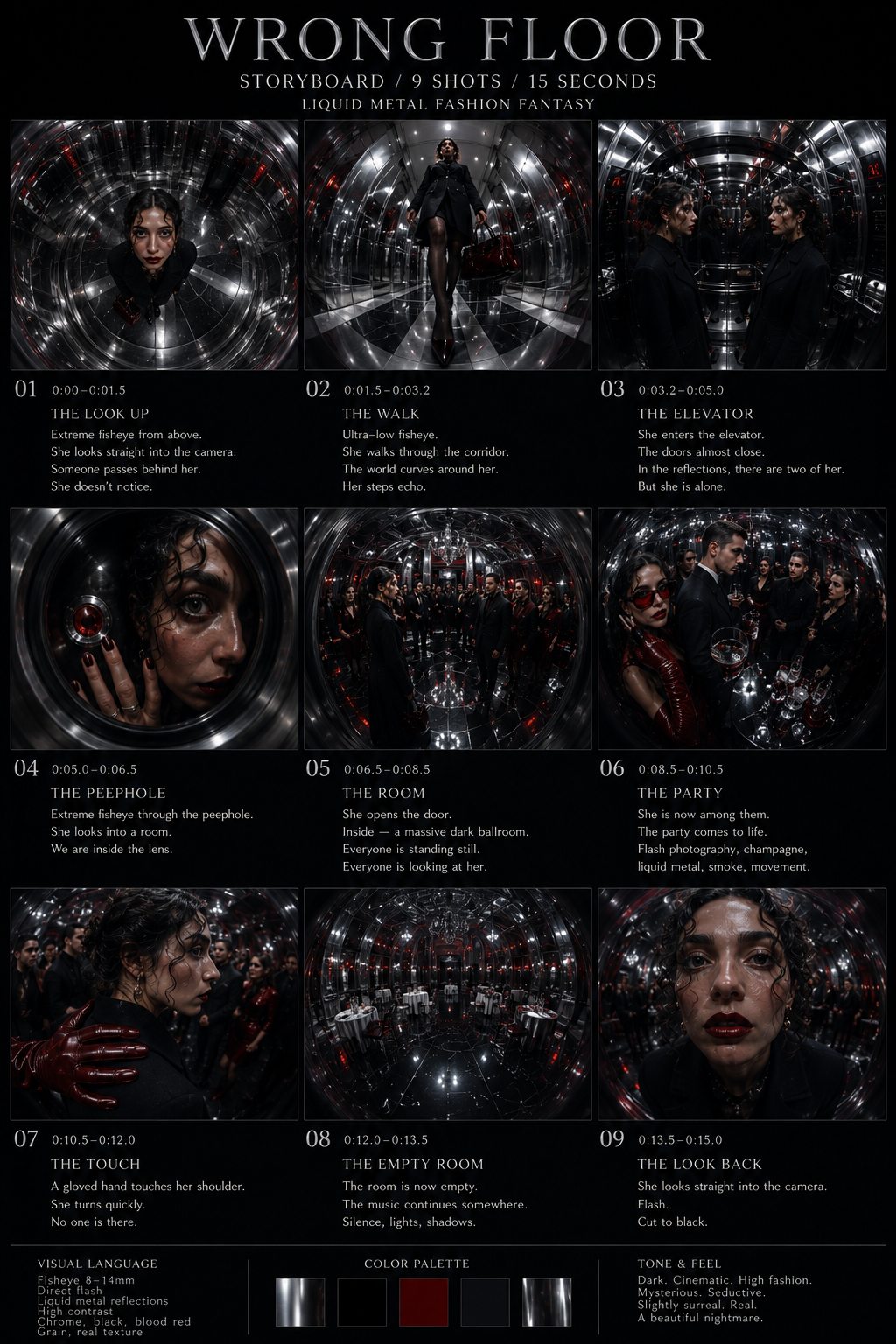 Nine-shot storyboard for the Wrong Floor fashion short